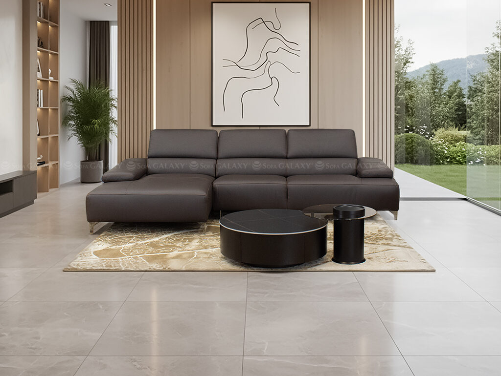 Sofa da bò Ý nhập khẩu thương hiệu Coronari màu nâu đen sang trọng