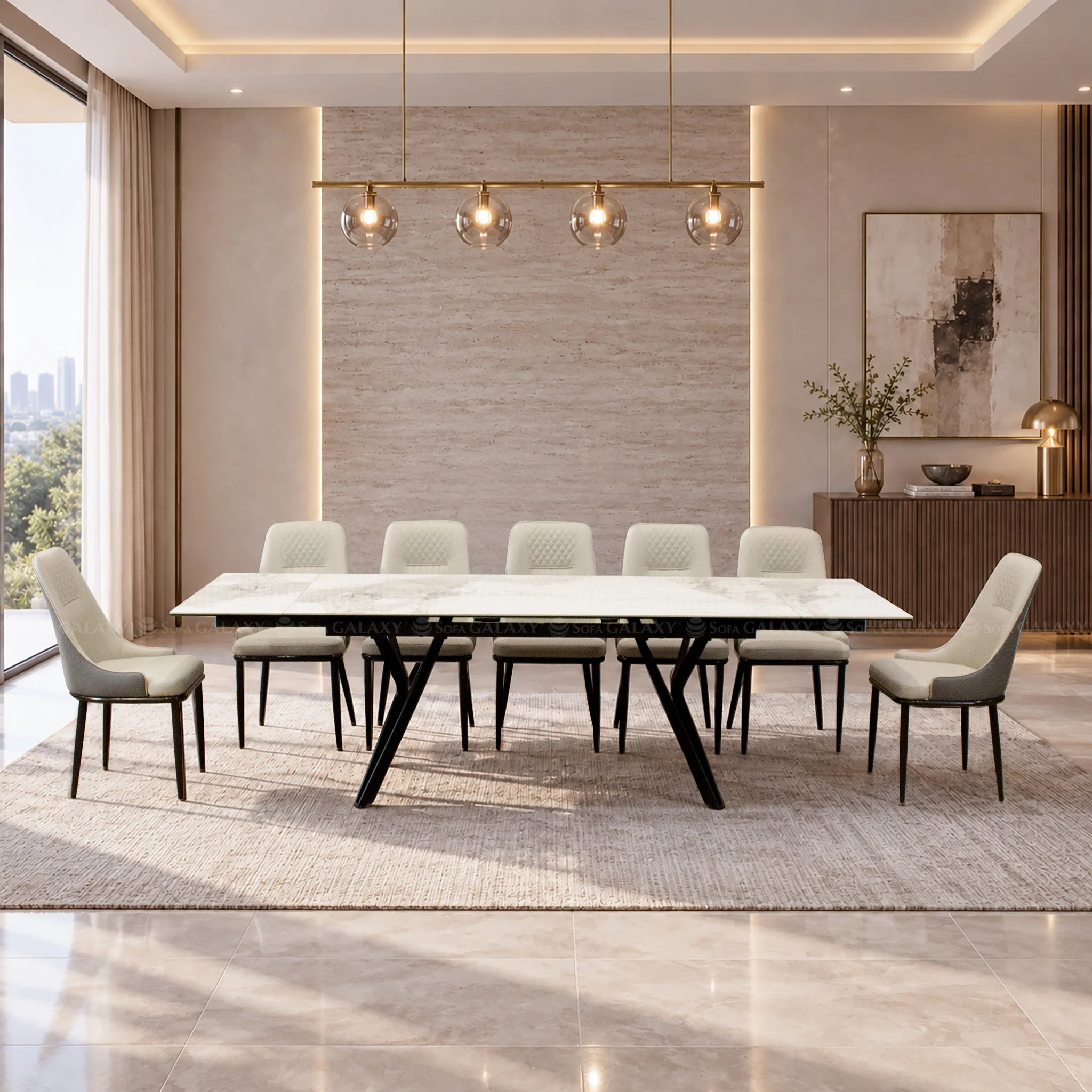 Bàn ăn Ocean 1m8 mở rộng 2m6 mặt đá ceramic trắng