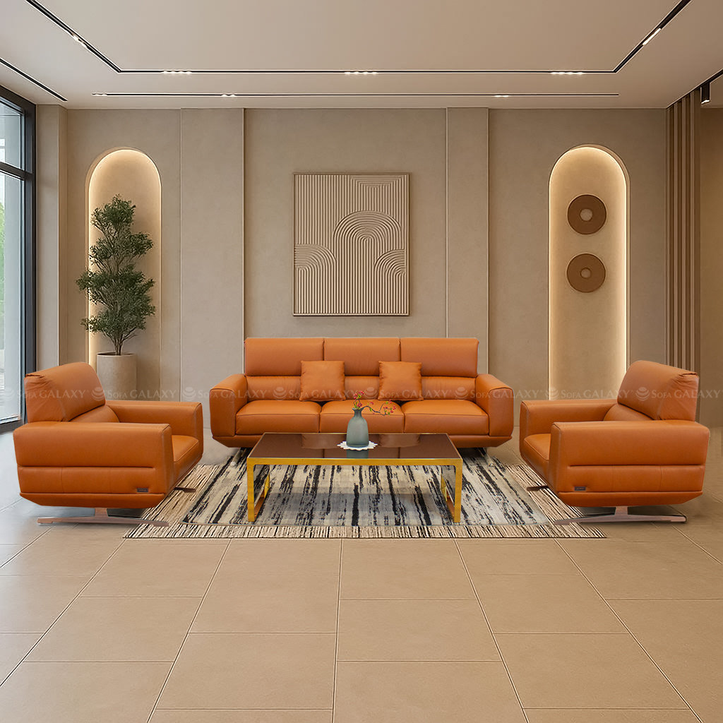 Bộ sofa Genova da bò nhập khẩu 100% từ Ý, màu cam đất trong phòng khách sang trọng