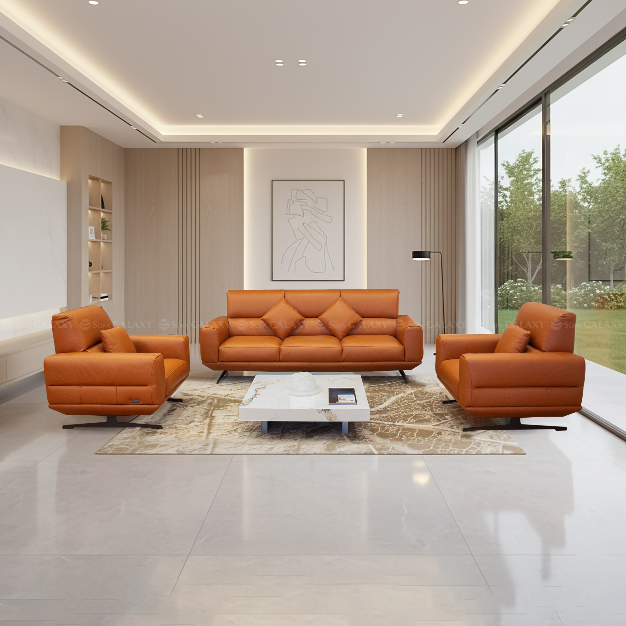Bộ sofa Genova da bò nhập khẩu 100% từ Ý, màu cam đất trong phòng khách sang trọng