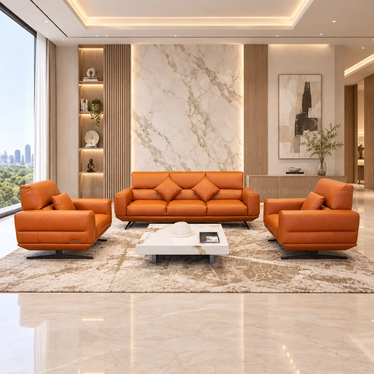 Hình đại diện Bộ sofa Genova da bò nhập khẩu 100% từ Ý, màu cam đất trong phòng khách sang trọng