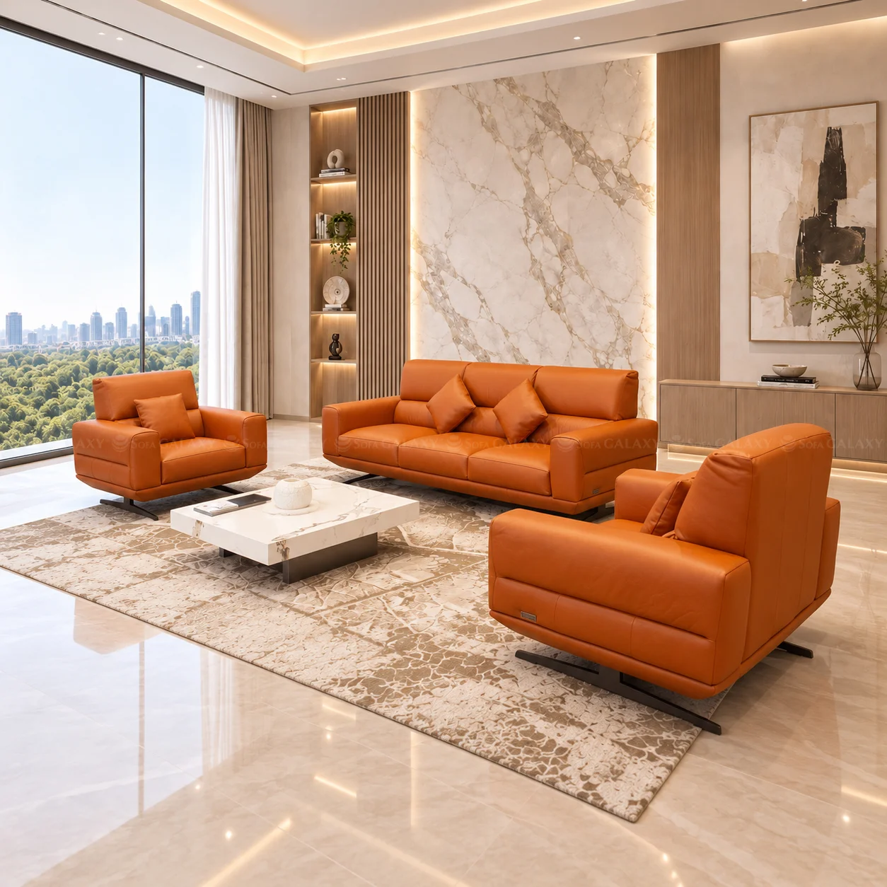 Bộ sofa Genova da bò nhập khẩu 100% từ Ý, màu cam đất trong phòng khách sang trọng góc nghiêng
