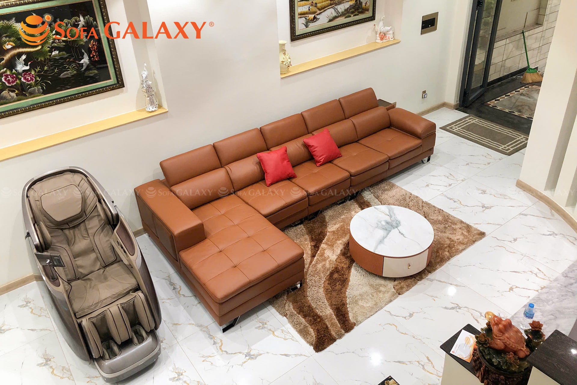 Sofa Monteria da bò thật nhập khẩu Malaysia kích thước 3m63 tại nhà khách