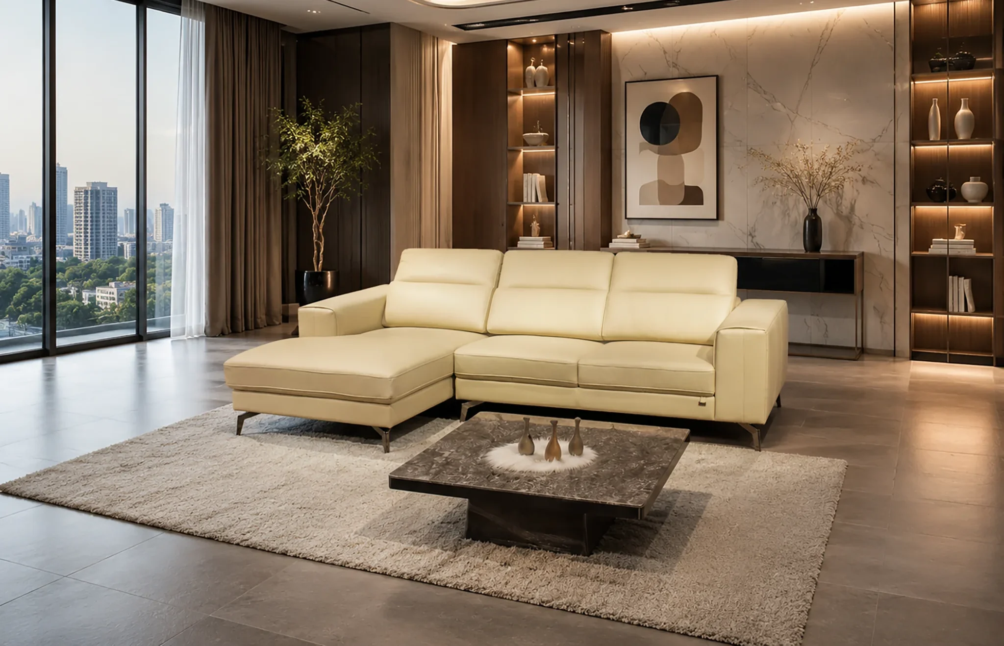 Banner sofa góc L Muichiro da bò Ý nhập khẩu chính hãng góc xéo