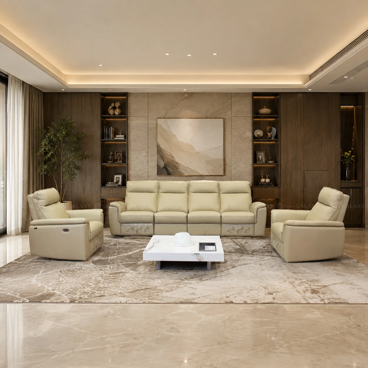 Sofa Urbino màu kem chất liệu da bò cao cấp trong phòng khách sang trọng