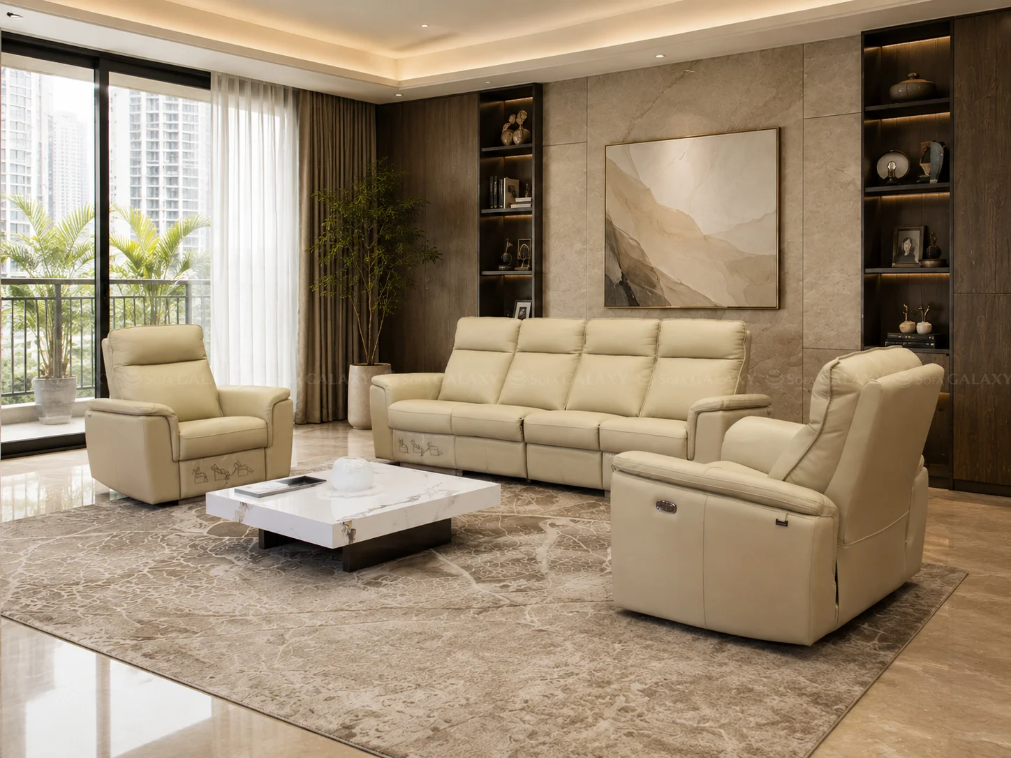 Sofa Urbino màu kem chất liệu da bò cao cấp trong phòng khách sang trọng góc chụp nghiêng