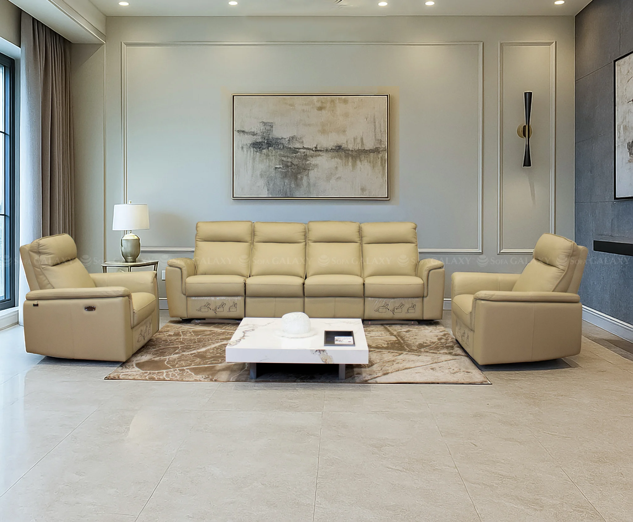 Sofa Urbino màu kem chất liệu da bò cao cấp trong phòng khách sang trọng
