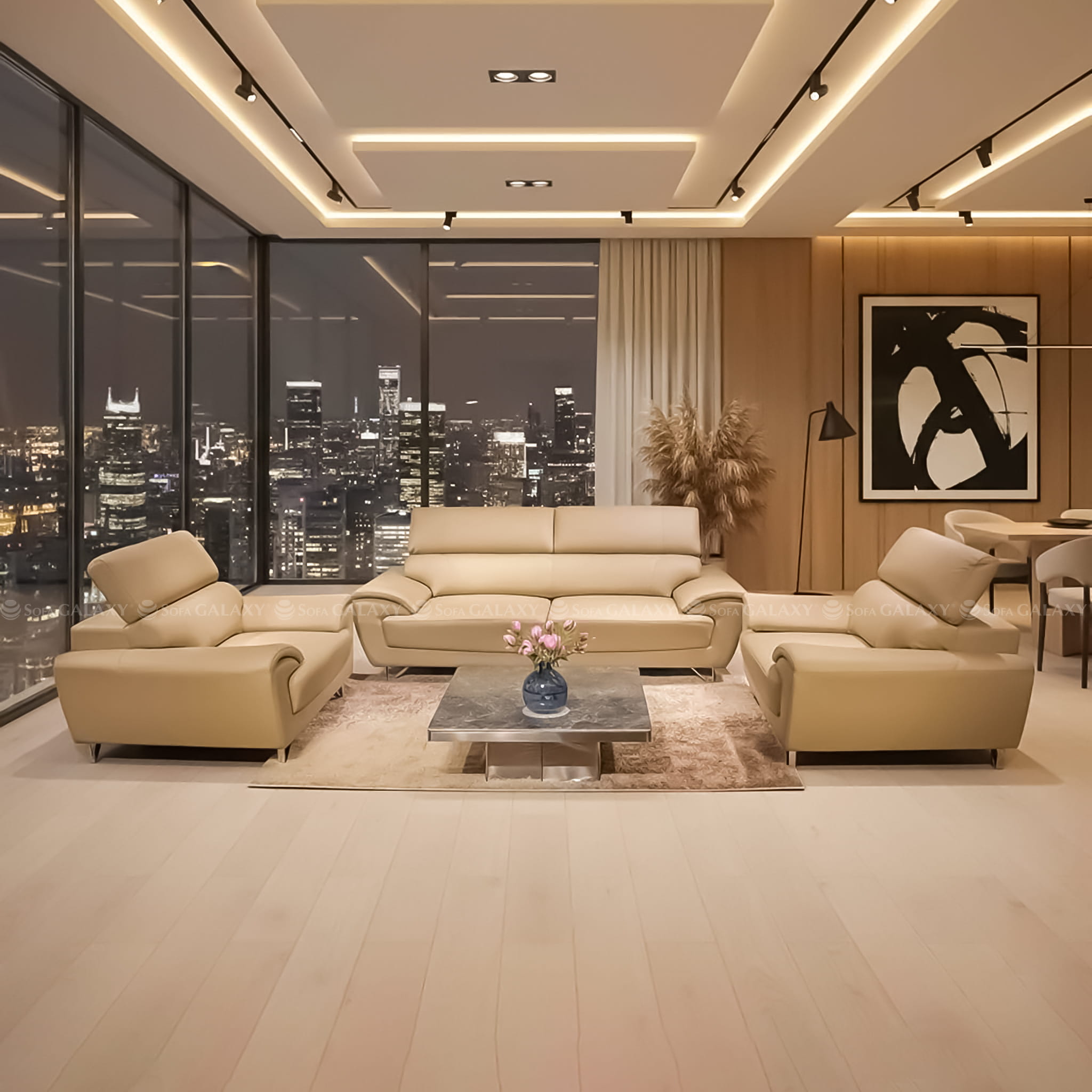 Bộ sofa da bò Vichy màu be sang trọng