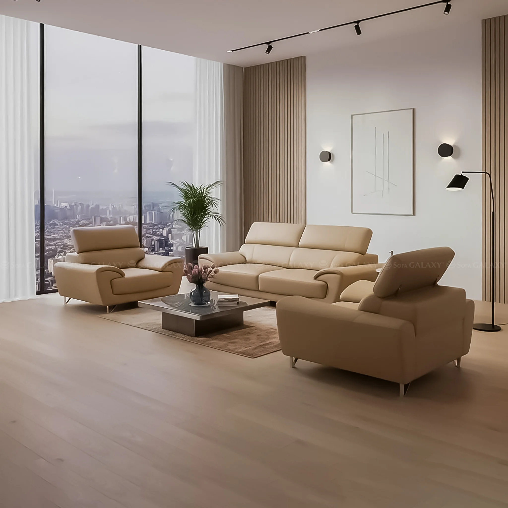Bộ sofa da bò Vichy màu be sang trọng góc nghiêng