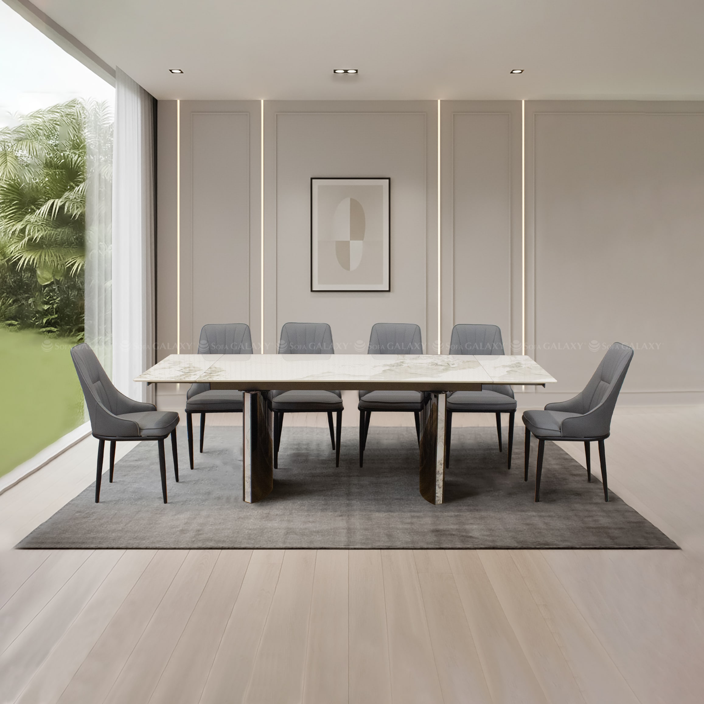 Bàn ăn mở rộng Riveni mặt đá trắng vân Chanel sang trọng 6 ghế