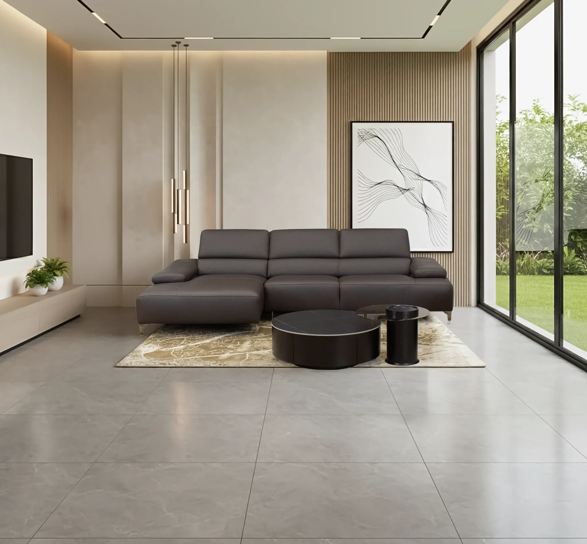 Banner Sofa da bò Ý nhập khẩu thương hiệu Coronari màu nâu đen sang trọng